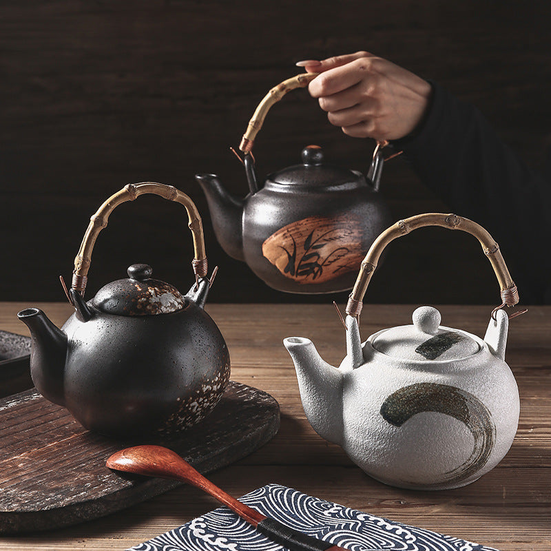 Ceramic Tea Kettle with Bamboo Handle, Hand-Painted, Commercial Use, Large Capacity, Teapot with Lifting Spout, Tabletop Design