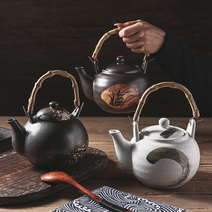 Ceramic Tea Kettle with Bamboo Handle, Hand-Painted, Commercial Use, Large Capacity, Teapot with Lifting Spout, Tabletop Design