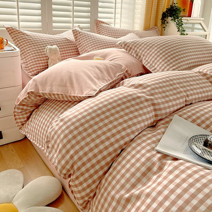 Minimalist Pure Water-Washed Cotton Bedding Set Flannel Grid Good Quality Fitted Sheet Version Student Dormitory Three-Piece Set