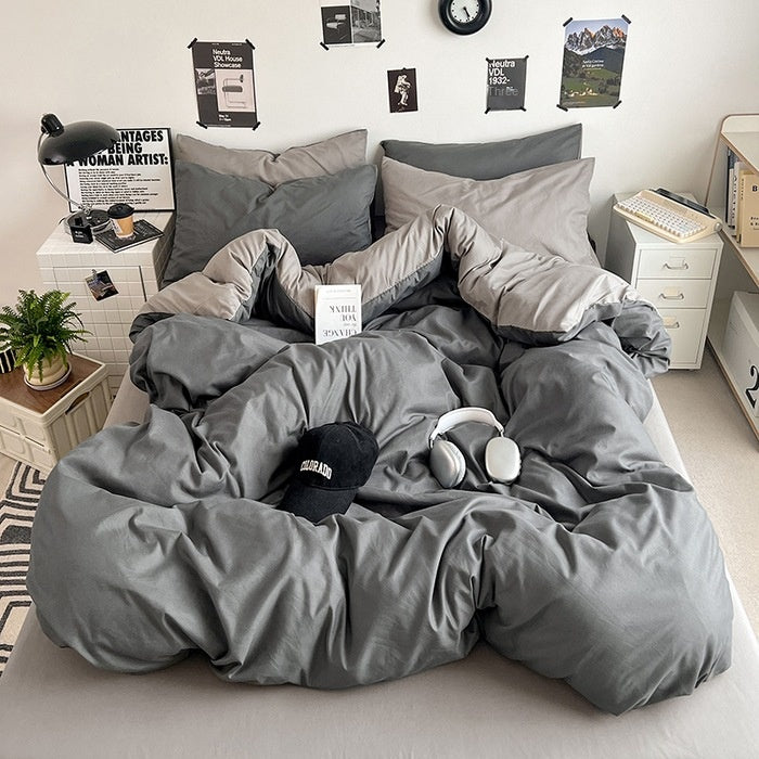 Washed Cotton Solid Color Double Spliced Four-Piece Bedding Set - Sheet, Quilt Cover, Pillowcases for Employee and Dormitory Use