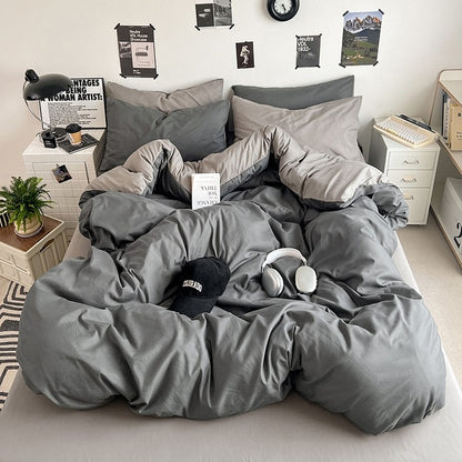 Washed Cotton Solid Color Double Spliced Four-Piece Bedding Set - Sheet, Quilt Cover, Pillowcases for Employee and Dormitory Use