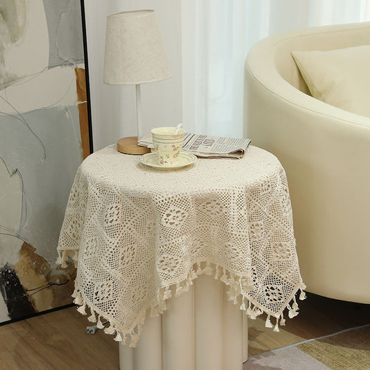 Vintage Cotton And Linen Tablecloth Tassel Tablecloth Pastoral Plaid Round Tablecloth Hollow Lace Rectangular Table Flag Placemat