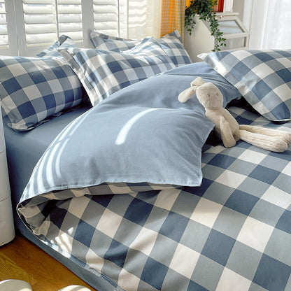 Minimalist Pure Water-Washed Cotton Bedding Set Flannel Grid Good Quality Fitted Sheet Version Student Dormitory Three-Piece Set