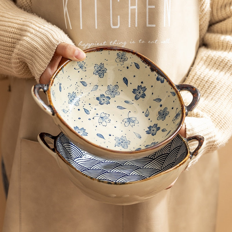 7.5inch Japanese Household Noodle Bowl Ceramic Soup Bowl With Handle Salad Pasta Bowl Kitchen Tableware Microwave Oven Bakware