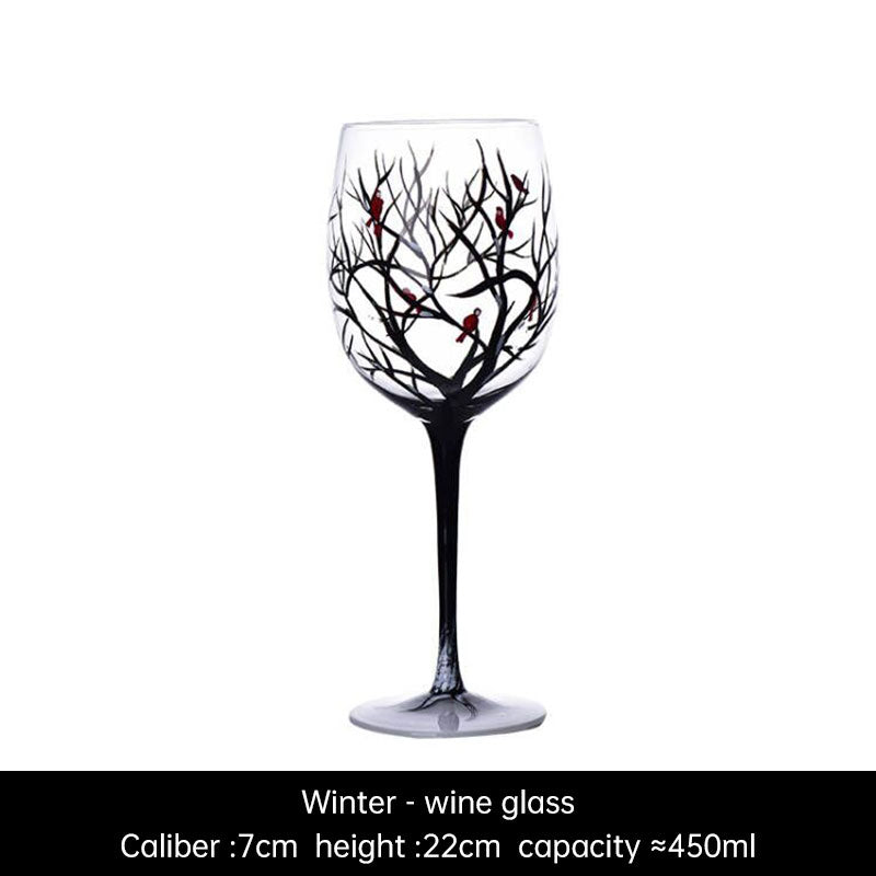 Light luxury ins crystal glass wine glass hand-painted household goblet four seasons painted wine glass