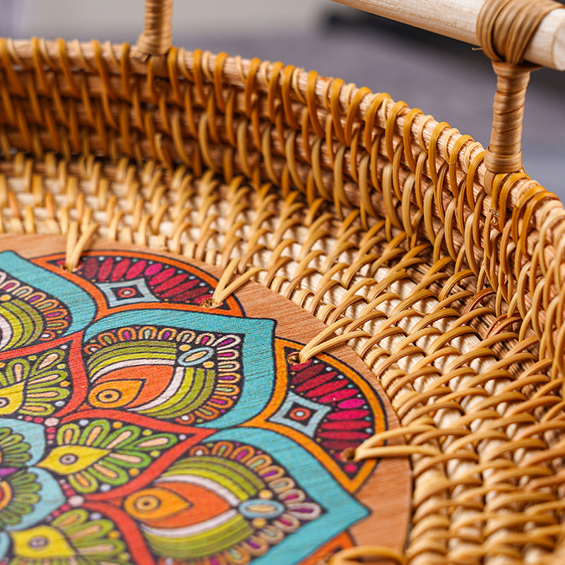 Vietnamese rattan tray rattan storage basket double ear bread fruit snack picnic tray desktop decoration