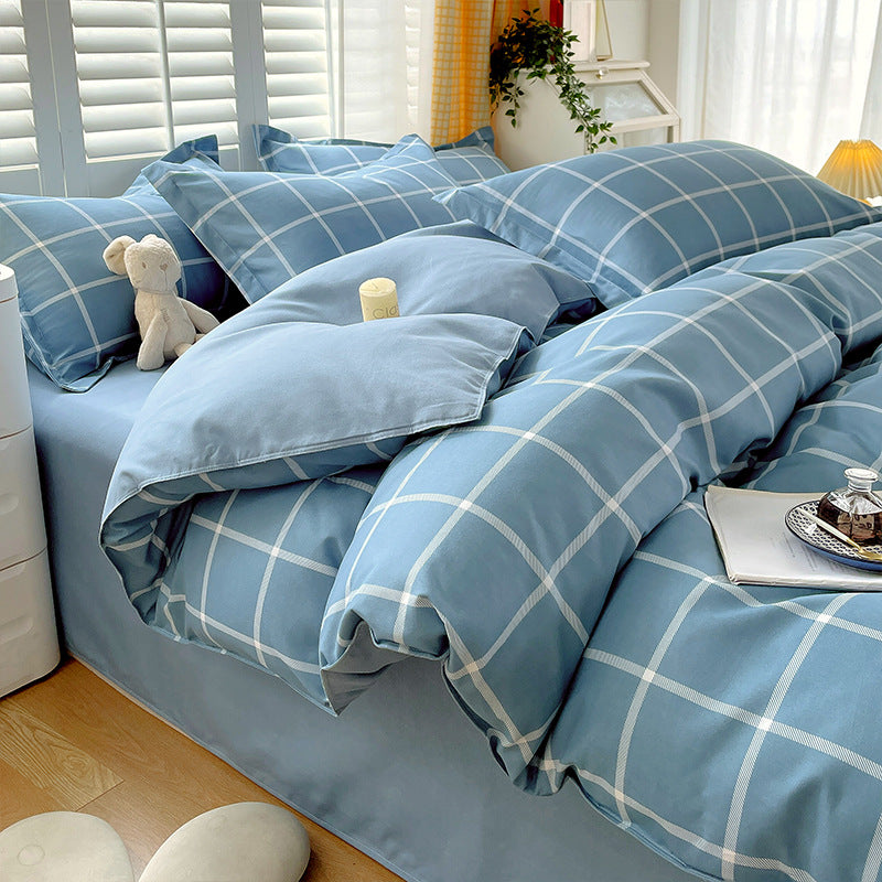 Minimalist Pure Water-Washed Cotton Bedding Set Flannel Grid Good Quality Fitted Sheet Version Student Dormitory Three-Piece Set