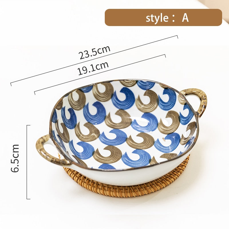 7.5inch Japanese Household Noodle Bowl Ceramic Soup Bowl With Handle Salad Pasta Bowl Kitchen Tableware Microwave Oven Bakware