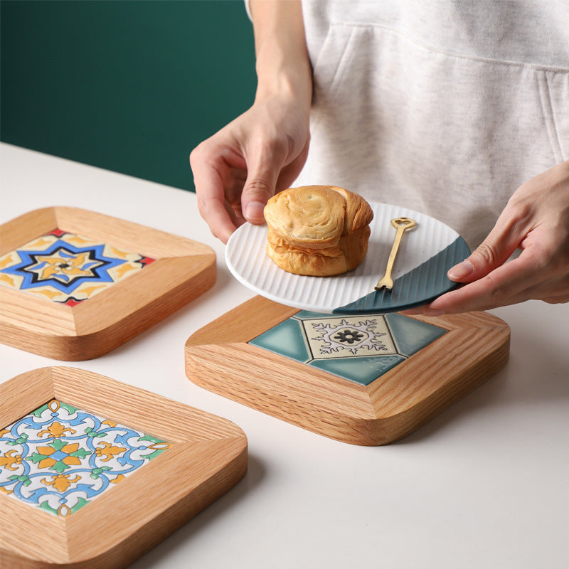 Japanese Style Oak Tile Plate Mat Pot Mat Creative Solid Wood Insulation Mat Pastoral Style Dining Table Anti-Scalding Wooden Mat