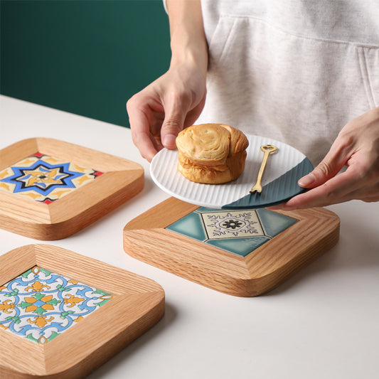 Japanese Style Oak Tile Plate Mat Pot Mat Creative Solid Wood Insulation Mat Pastoral Style Dining Table Anti-Scalding Wooden Mat
