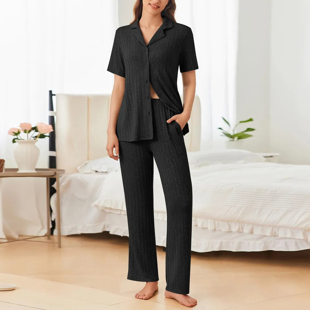 Flower yarn cardigan lapel pajamas home suit set