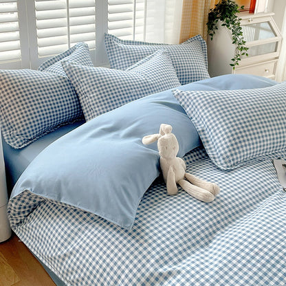 Minimalist Pure Water-Washed Cotton Bedding Set Flannel Grid Good Quality Fitted Sheet Version Student Dormitory Three-Piece Set
