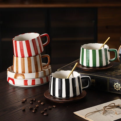 Simple Hand-Drawn Stripe Ceramic Mug, Creative Multi-Color Gift Cup, Coffee Cup with Saucer