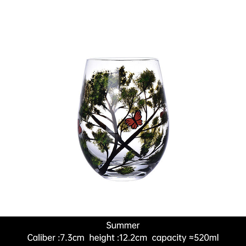 Light luxury ins crystal glass wine glass hand-painted household goblet four seasons painted wine glass