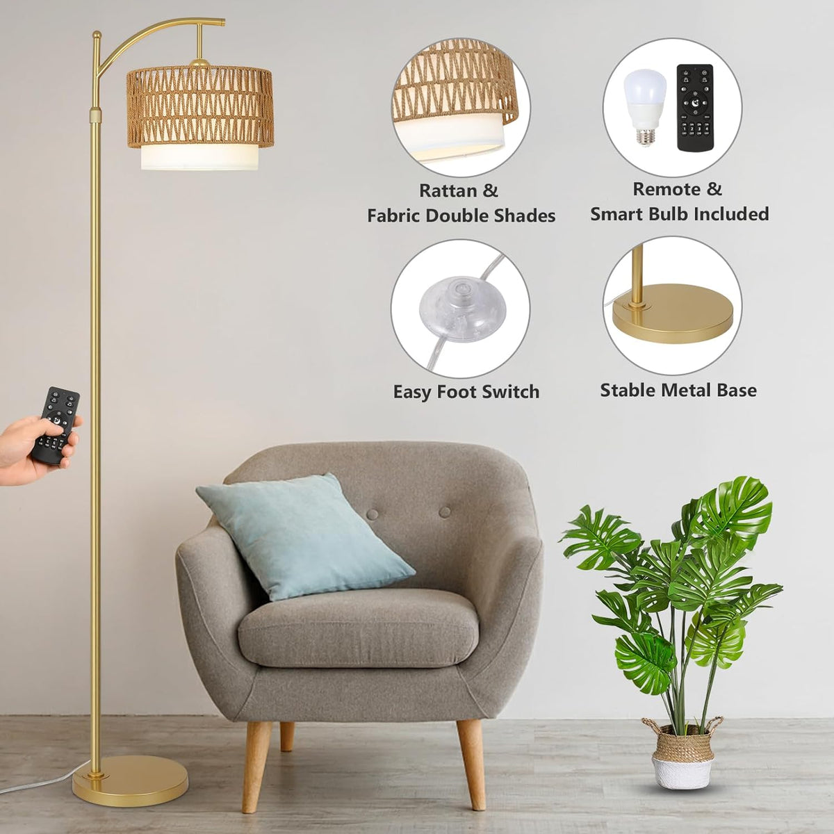 Gold Arc Floor Lamp with Rattan Shade