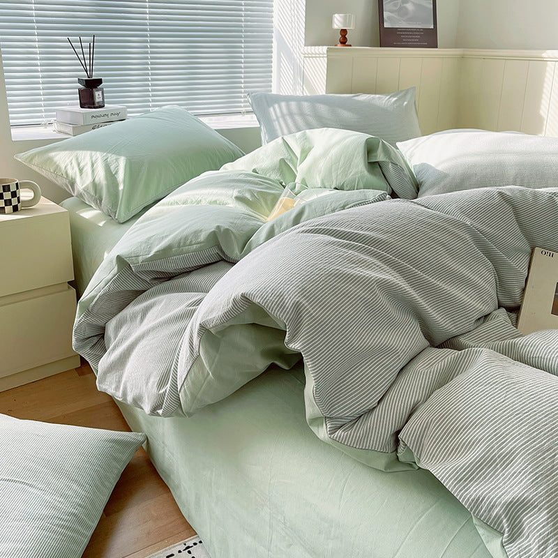 Cotton Dyed Washed Cotton Bedding Set Pure Cotton A Class Flat Sheet Quilt Cover Fitted Sheet Quilt Cover Three-Piece Set Striped