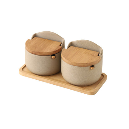 Japanese Ceramic Seasoning Jar With Bamboo And Wood Cover