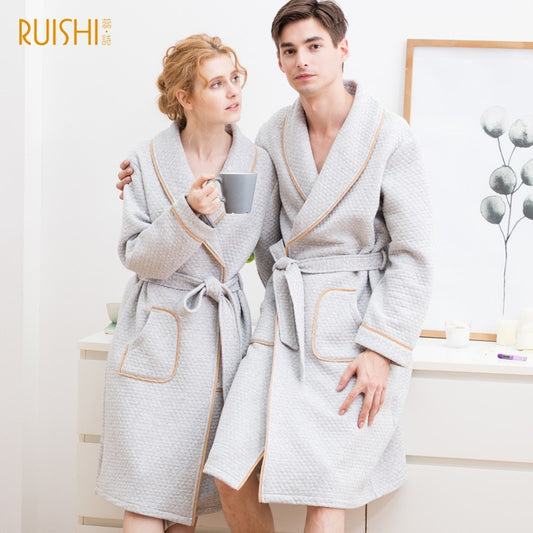 J&Q mall robe warm air cotton sandwich couple pajamas long sleeve drop shipping men and women bathrobe pure cotton nightgown