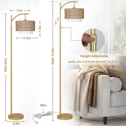 Gold Arc Floor Lamp with Rattan Shade