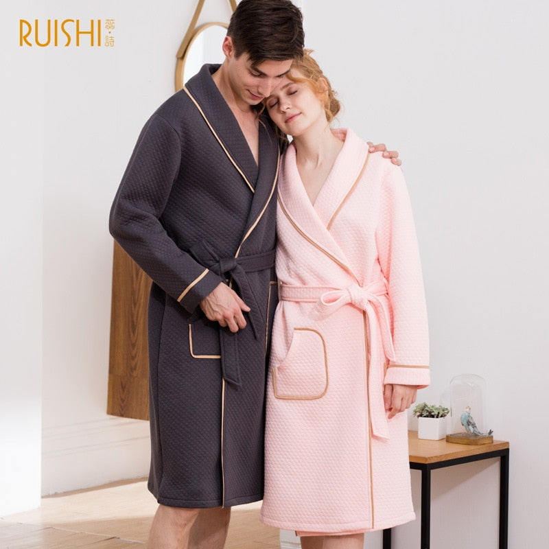 J&Q mall robe warm air cotton sandwich couple pajamas long sleeve drop shipping men and women bathrobe pure cotton nightgown