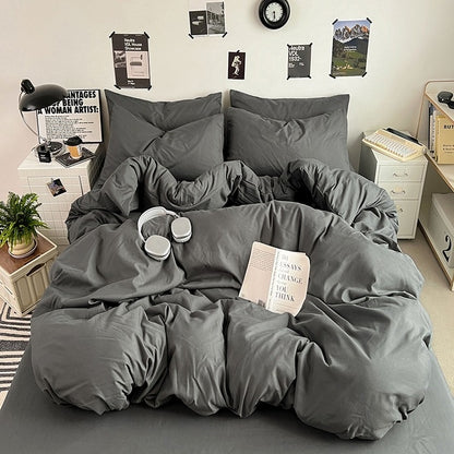 Washed Cotton Solid Color Double Spliced Four-Piece Bedding Set - Sheet, Quilt Cover, Pillowcases for Employee and Dormitory Use
