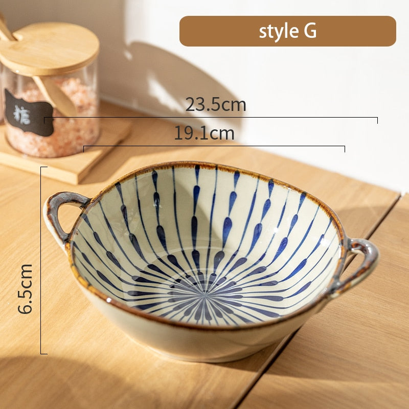 7.5inch Japanese Household Noodle Bowl Ceramic Soup Bowl With Handle Salad Pasta Bowl Kitchen Tableware Microwave Oven Bakware