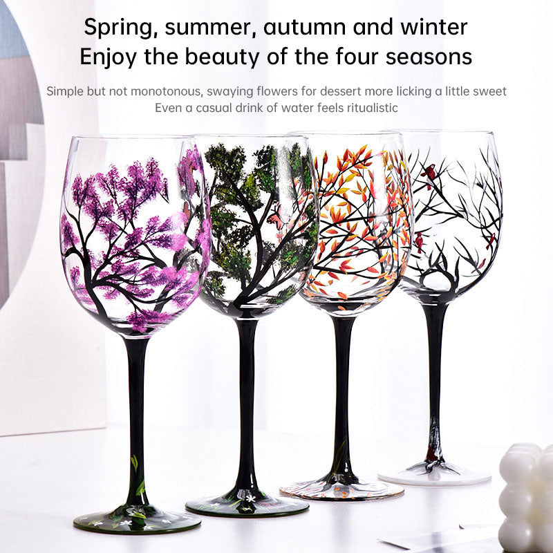 Light luxury ins crystal glass wine glass hand-painted household goblet four seasons painted wine glass