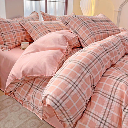 Minimalist Pure Water-Washed Cotton Bedding Set Flannel Grid Good Quality Fitted Sheet Version Student Dormitory Three-Piece Set