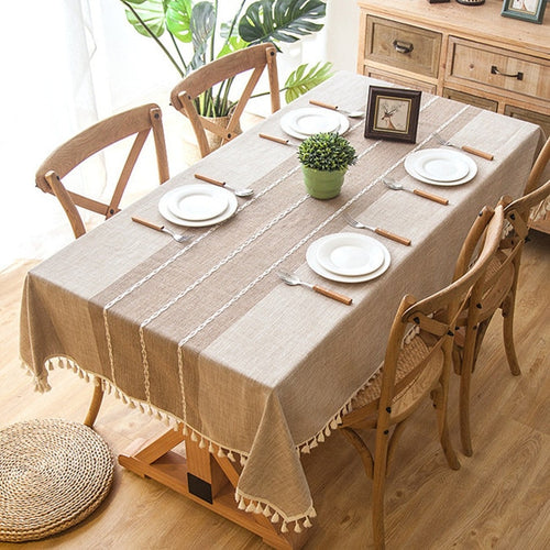 Plaid Cotton-Linen Tassel Tablecloth