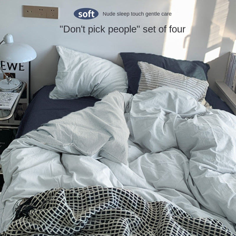 Solid Color Simple Four-Piece Set Flannel Quilt Cover INS Style Quilt Cover Dormitory Summer Washed Cotton Bedding Three-Piece Set