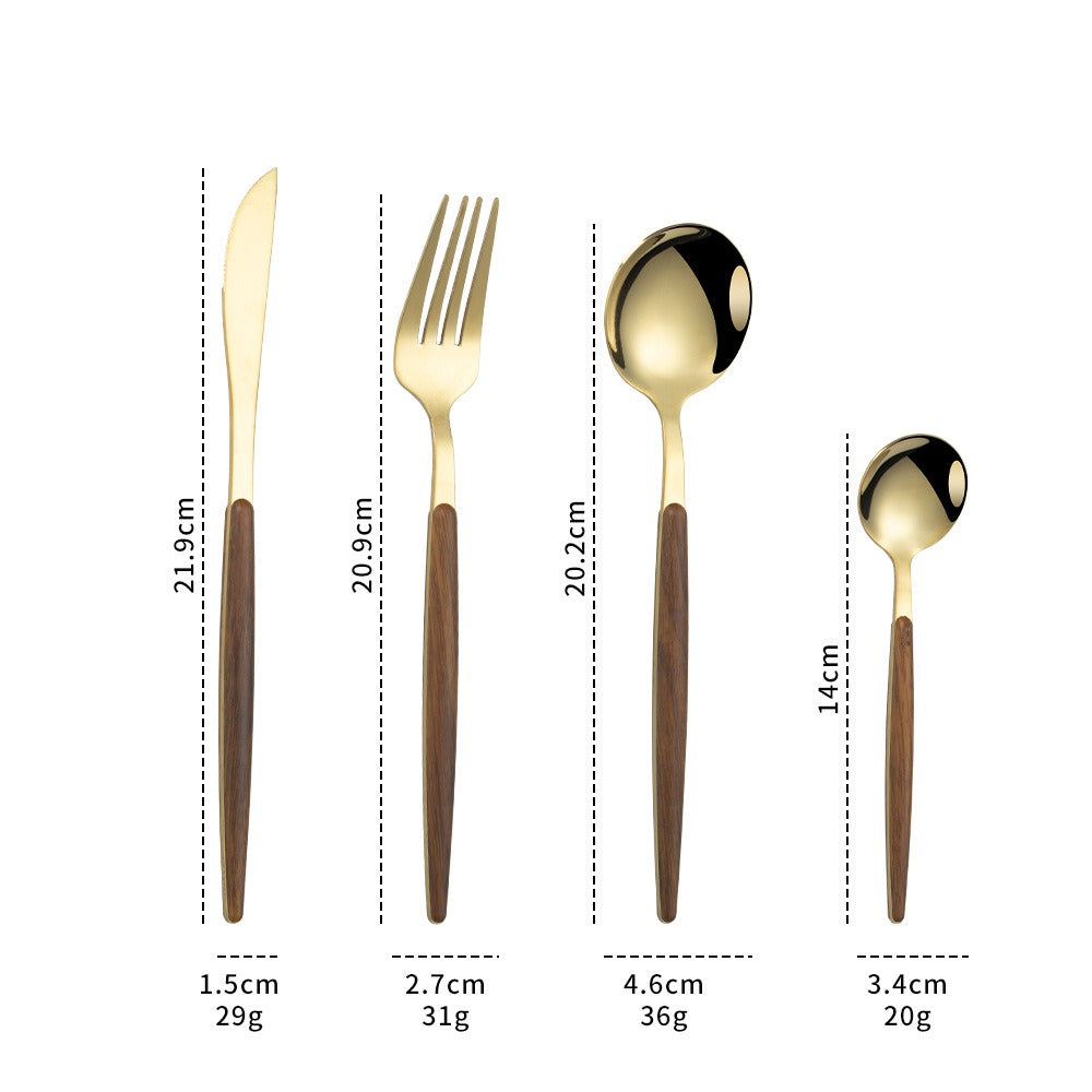Stainless Steel Imitation Wooden Handle Knife, Fork, Spoon, Clamp Handle, Spoon, Portuguese Vintage Wood Grain Tableware Set