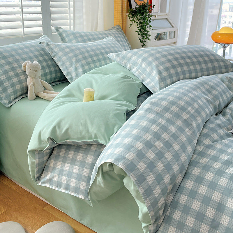 Minimalist Pure Water-Washed Cotton Bedding Set Flannel Grid Good Quality Fitted Sheet Version Student Dormitory Three-Piece Set