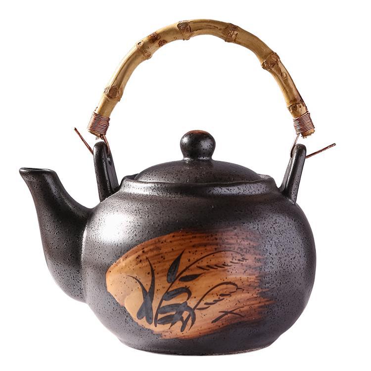 Ceramic Tea Kettle with Bamboo Handle, Hand-Painted, Commercial Use, Large Capacity, Teapot with Lifting Spout, Tabletop Design