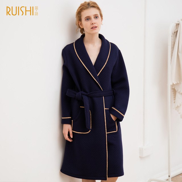 J&Q mall robe warm air cotton sandwich couple pajamas long sleeve drop shipping men and women bathrobe pure cotton nightgown