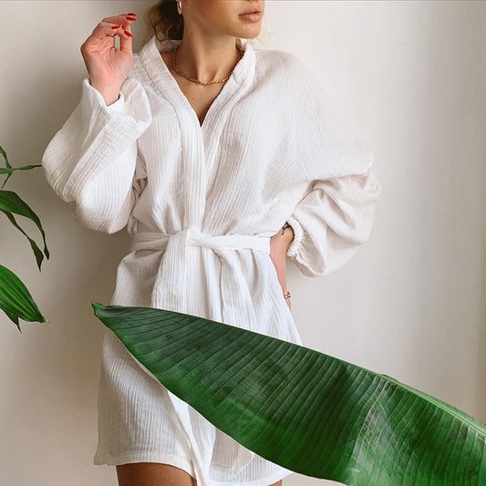 Double Layered Gauze Pure Cotton Bathrobe Simple Leisure Short Length Robe Comfortable Open Front Cardigan