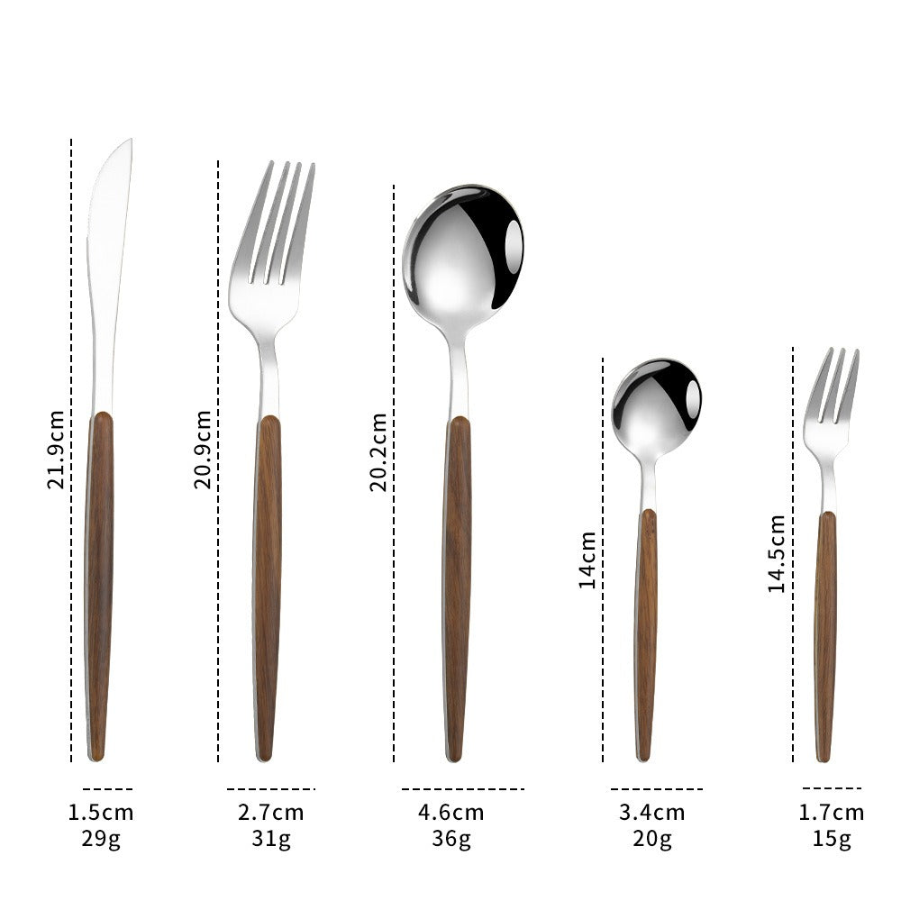 Stainless Steel Imitation Wooden Handle Knife, Fork, Spoon, Clamp Handle, Spoon, Portuguese Vintage Wood Grain Tableware Set