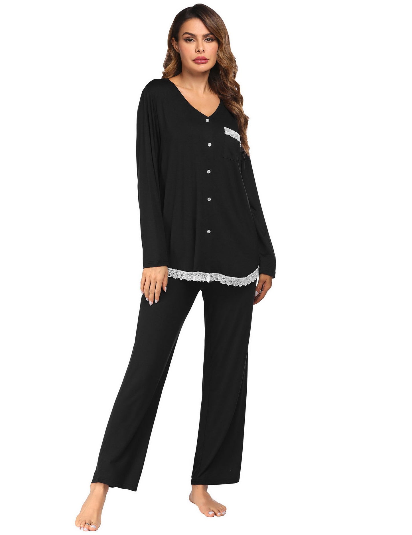 Women's Set Long Sleeve Long Pants Home Sleepwear Lace Splicing Homewear Pajama Set