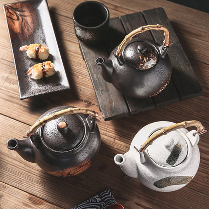Ceramic Tea Kettle with Bamboo Handle, Hand-Painted, Commercial Use, Large Capacity, Teapot with Lifting Spout, Tabletop Design
