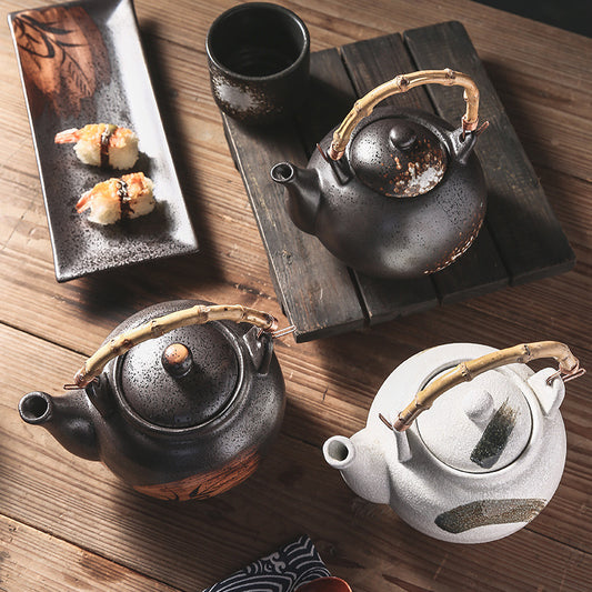 Ceramic Tea Kettle with Bamboo Handle, Hand-Painted, Commercial Use, Large Capacity, Teapot with Lifting Spout, Tabletop Design