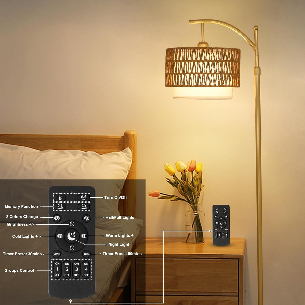 Gold Arc Floor Lamp with Rattan Shade