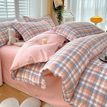 Minimalist Pure Water-Washed Cotton Bedding Set Flannel Grid Good Quality Fitted Sheet Version Student Dormitory Three-Piece Set