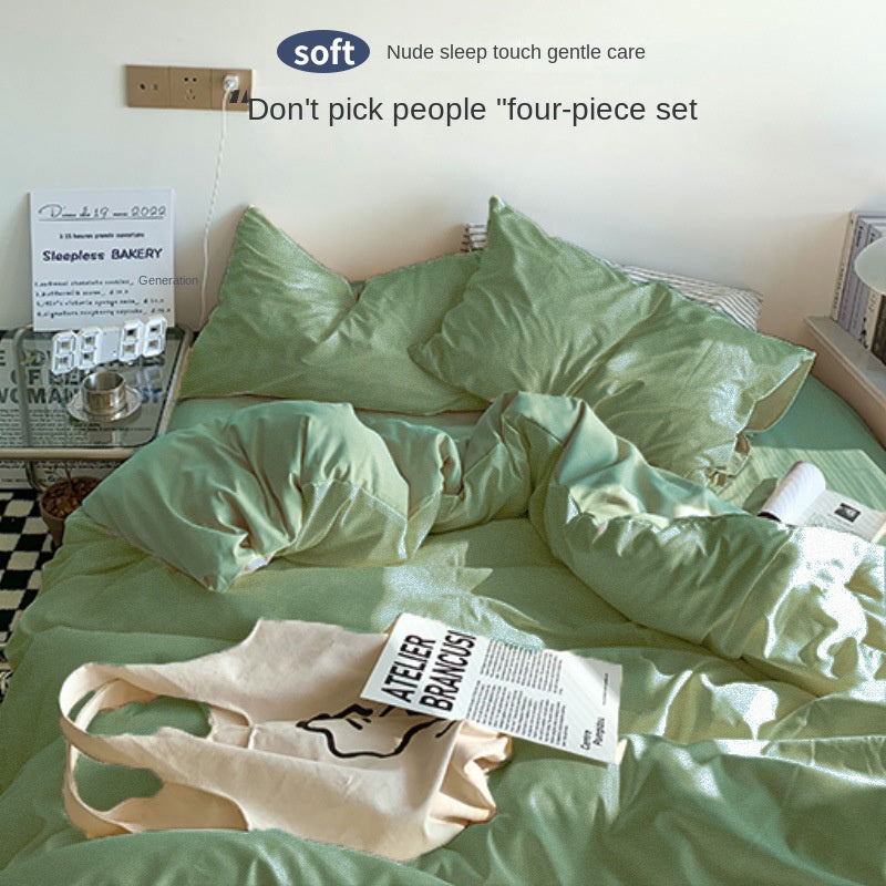 Solid Color Simple Four-Piece Set Flannel Quilt Cover INS Style Quilt Cover Dormitory Summer Washed Cotton Bedding Three-Piece Set