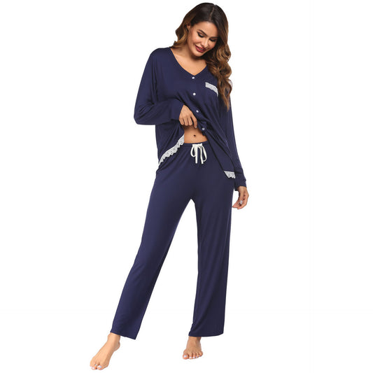 Women's Set Long Sleeve Long Pants Home Sleepwear Lace Splicing Homewear Pajama Set