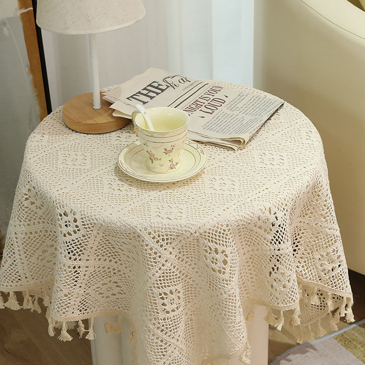 Vintage Cotton And Linen Tablecloth Tassel Tablecloth Pastoral Plaid Round Tablecloth Hollow Lace Rectangular Table Flag Placemat