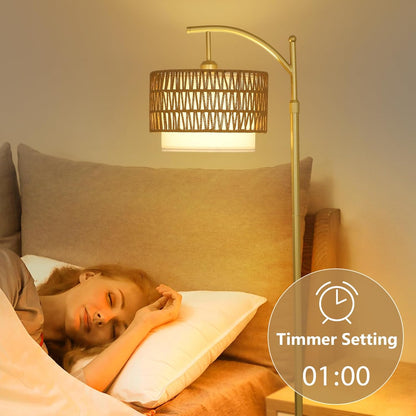 Gold Arc Floor Lamp with Rattan Shade