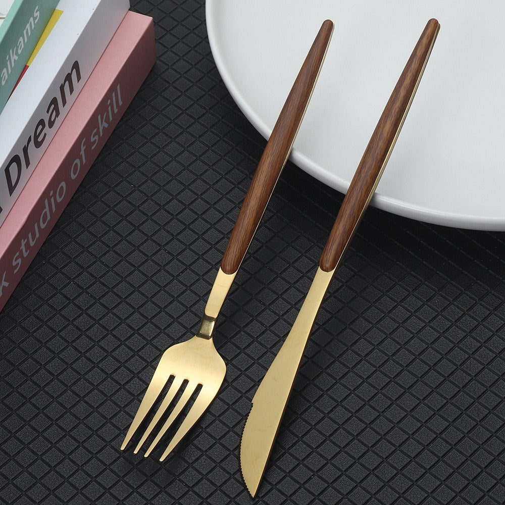 Stainless Steel Imitation Wooden Handle Knife, Fork, Spoon, Clamp Handle, Spoon, Portuguese Vintage Wood Grain Tableware Set