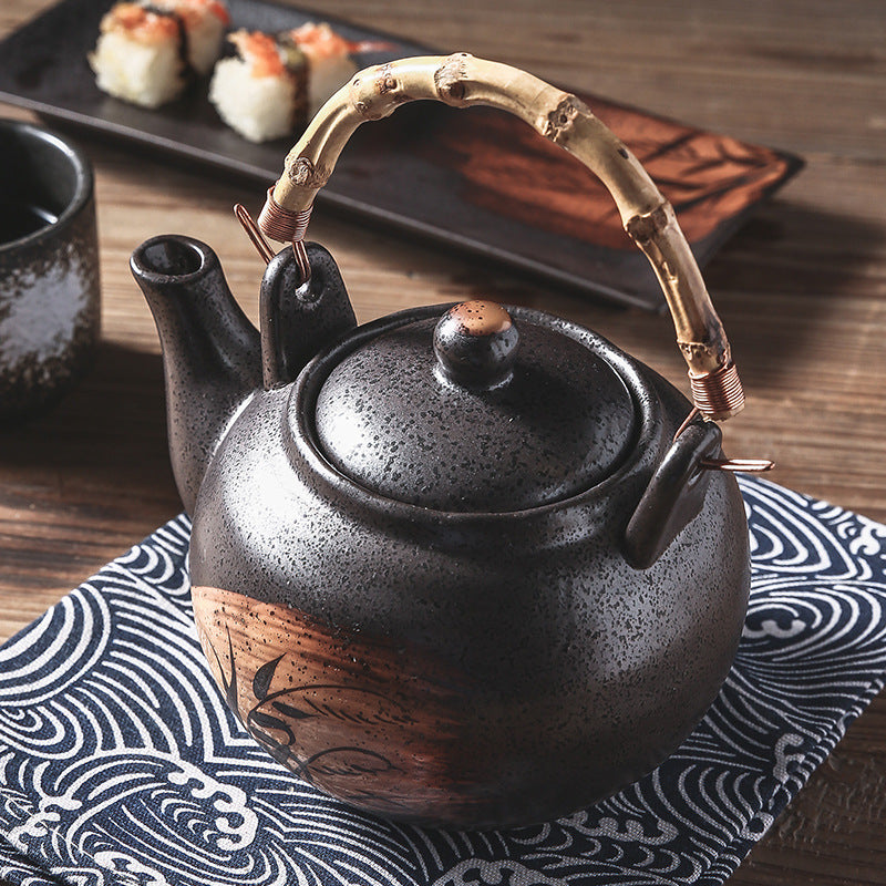 Ceramic Tea Kettle with Bamboo Handle, Hand-Painted, Commercial Use, Large Capacity, Teapot with Lifting Spout, Tabletop Design