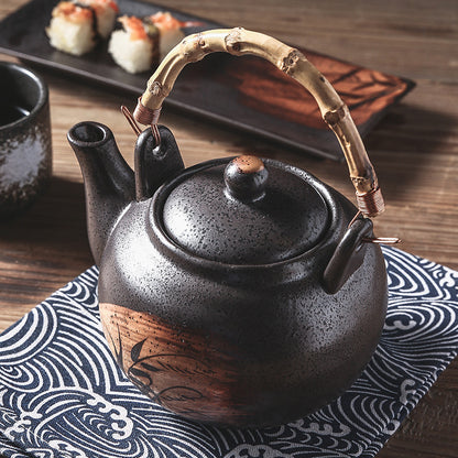 Ceramic Tea Kettle with Bamboo Handle, Hand-Painted, Commercial Use, Large Capacity, Teapot with Lifting Spout, Tabletop Design
