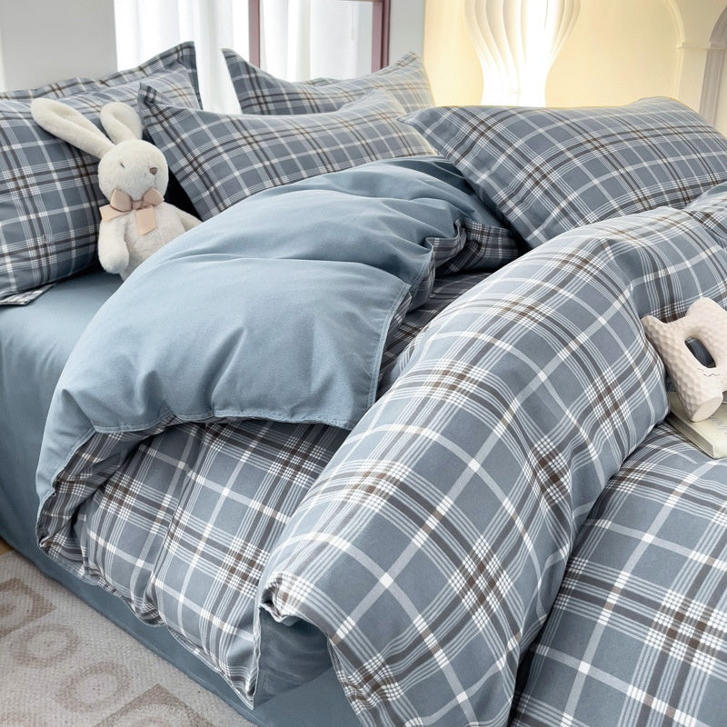 Minimalist Pure Water-Washed Cotton Bedding Set Flannel Grid Good Quality Fitted Sheet Version Student Dormitory Three-Piece Set