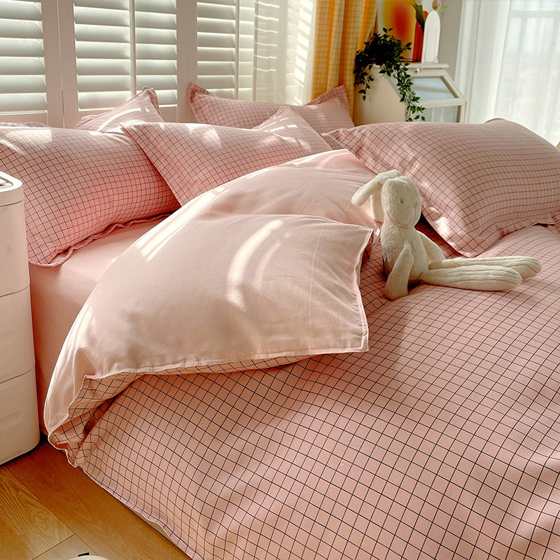 Minimalist Pure Water-Washed Cotton Bedding Set Flannel Grid Good Quality Fitted Sheet Version Student Dormitory Three-Piece Set